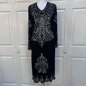 Crystal Evening Wear Gown Black/Silver Beaded Silk Dress Size Small Long Sleeves